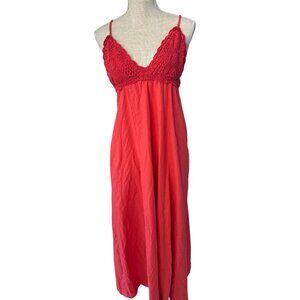 Free People Red Crochet Trim Midi Dress  size S With Adjustable Tie Back Sleevel